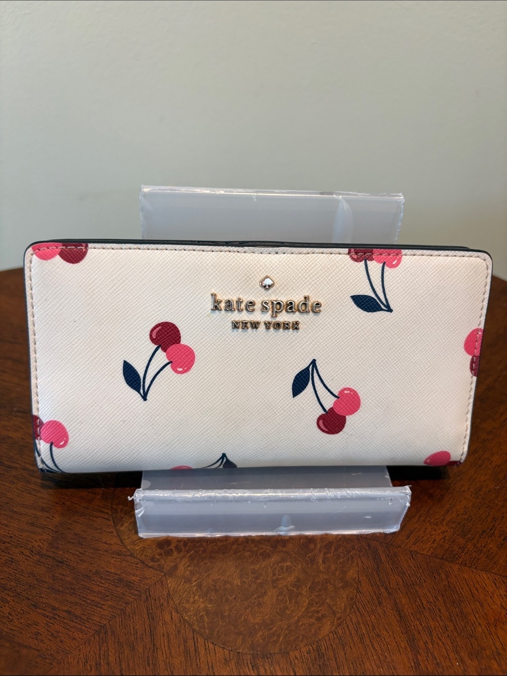 kate spade Wallet long wallet bifold Cream/Pink Red & Blue Cherry Motif goldtone